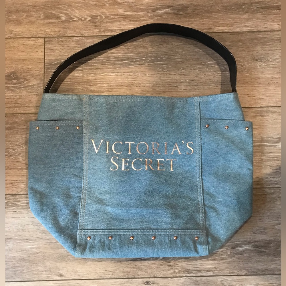 Victorias Secret Denim Blue Tote Rose Gold Studded Weekend ShopperBag